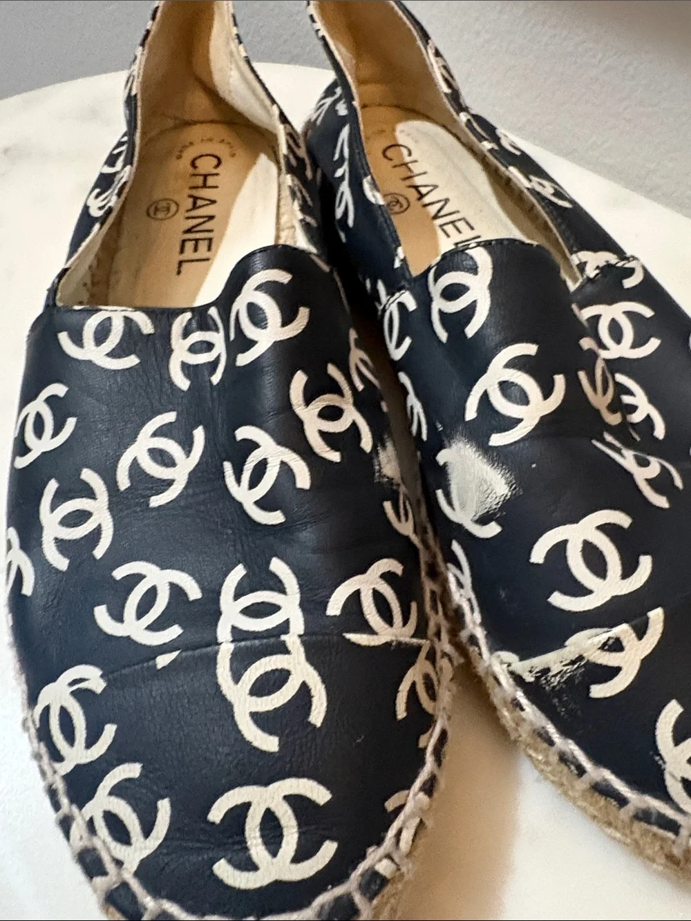 CHANEL Black Espadrilles with White CC Logo Print